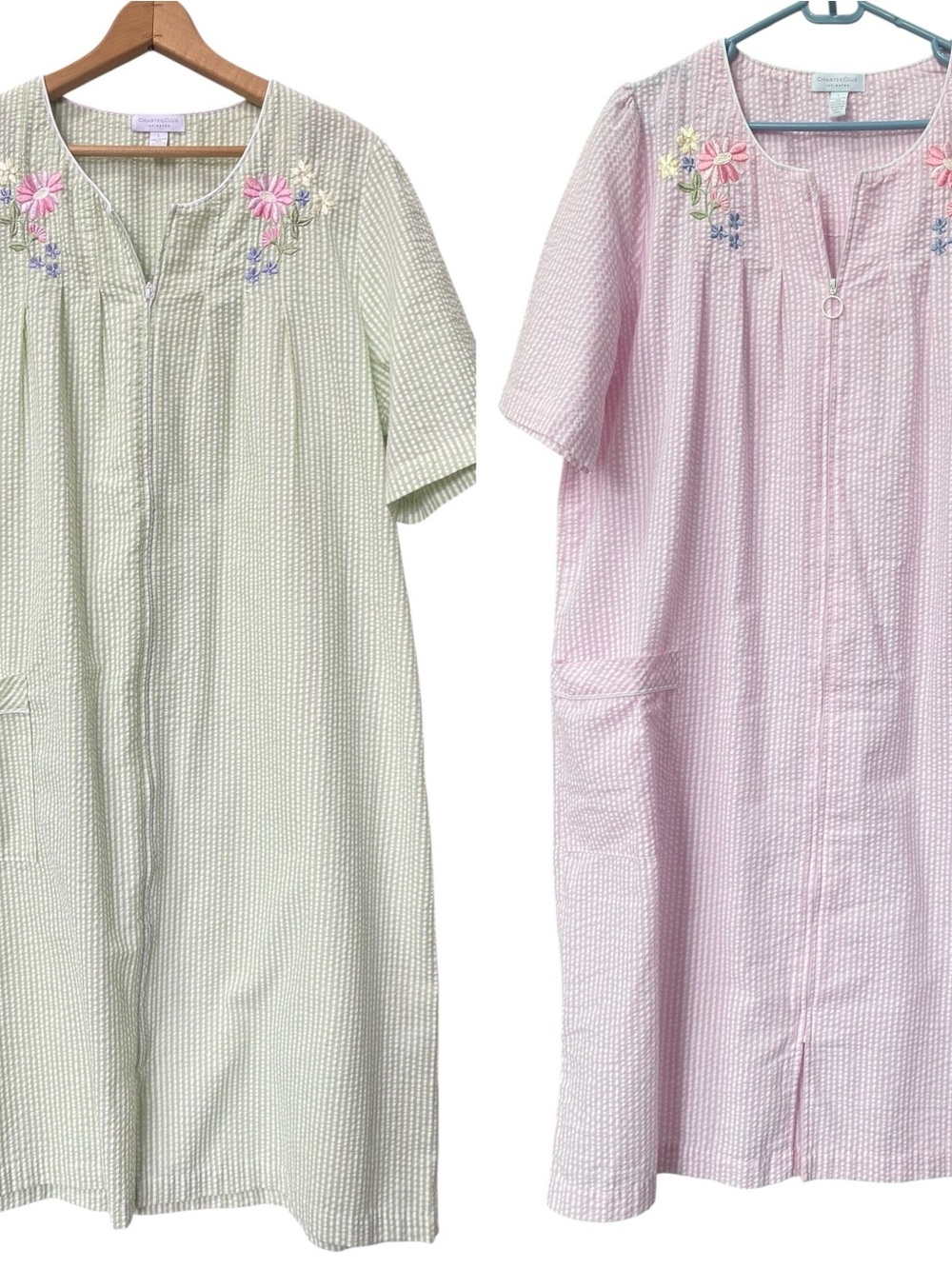 Lot of 2 Pastel Seersucker Zipper Housedress Gowns Muumuu Pink Green robe